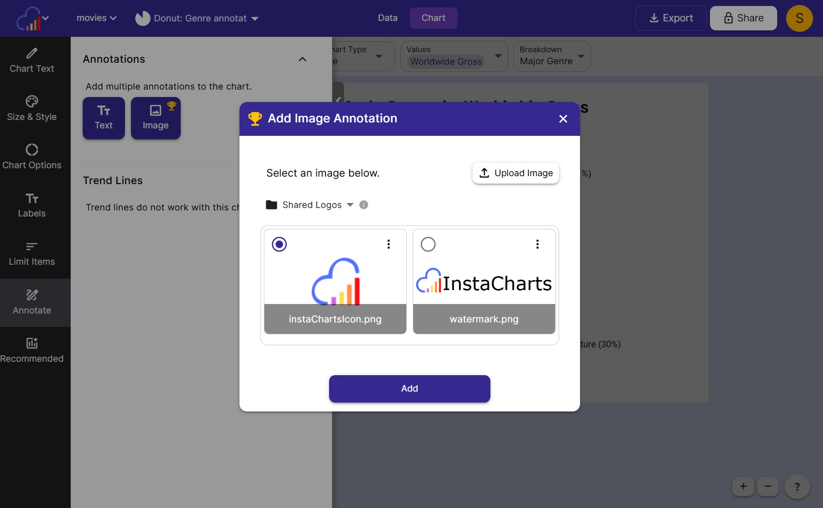 Upload your brand logo to the Shared Logos folder for consistent branding across charts