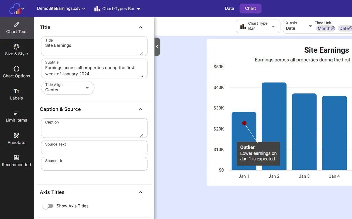 InstaCharts chart text panel with title, subtitle, caption, and source fields