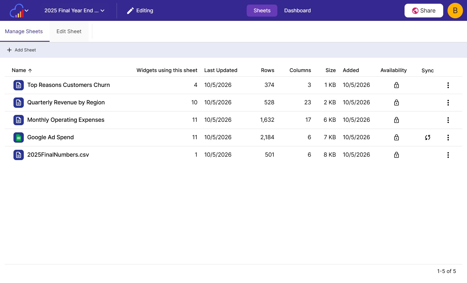 Adding a new or existing sheet to an InstaCharts dashboard