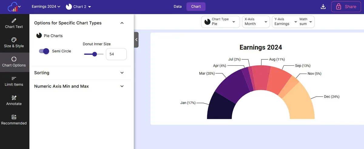 InstaCharts pie chart options with the Semi Circle toggle on and a Donut Inner Size slider