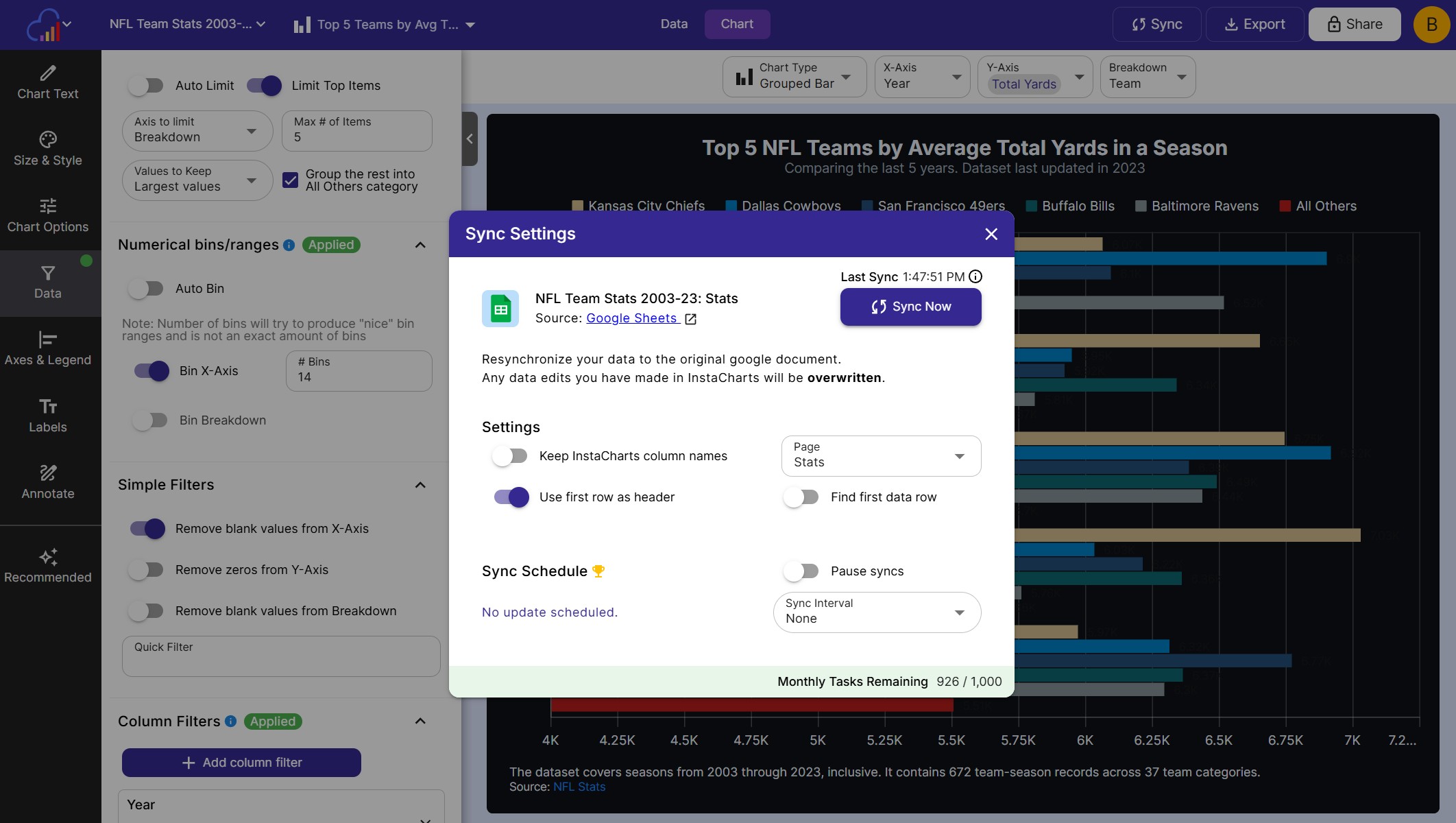 InstaCharts syncs with Google Sheets