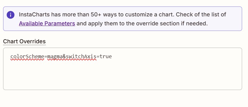 Using chart overrides to set a different color scheme and set the bar chart horizontal.