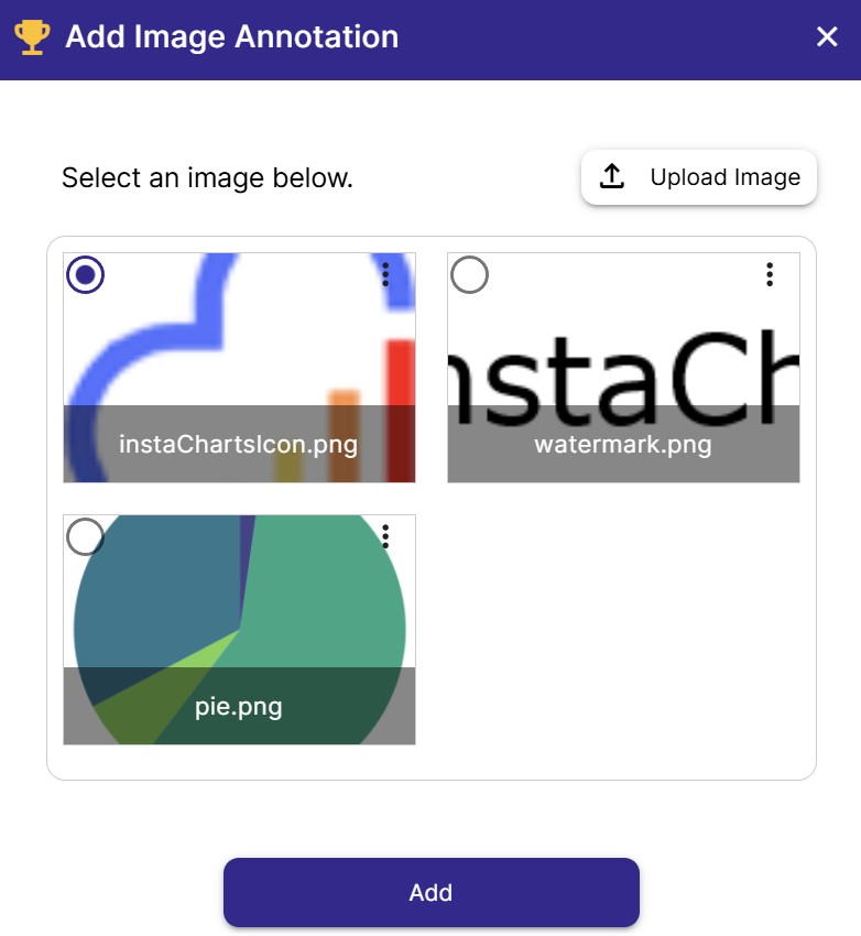 3 images have been uploaded to this sheet. Select one, then click Add to add it to your chart.