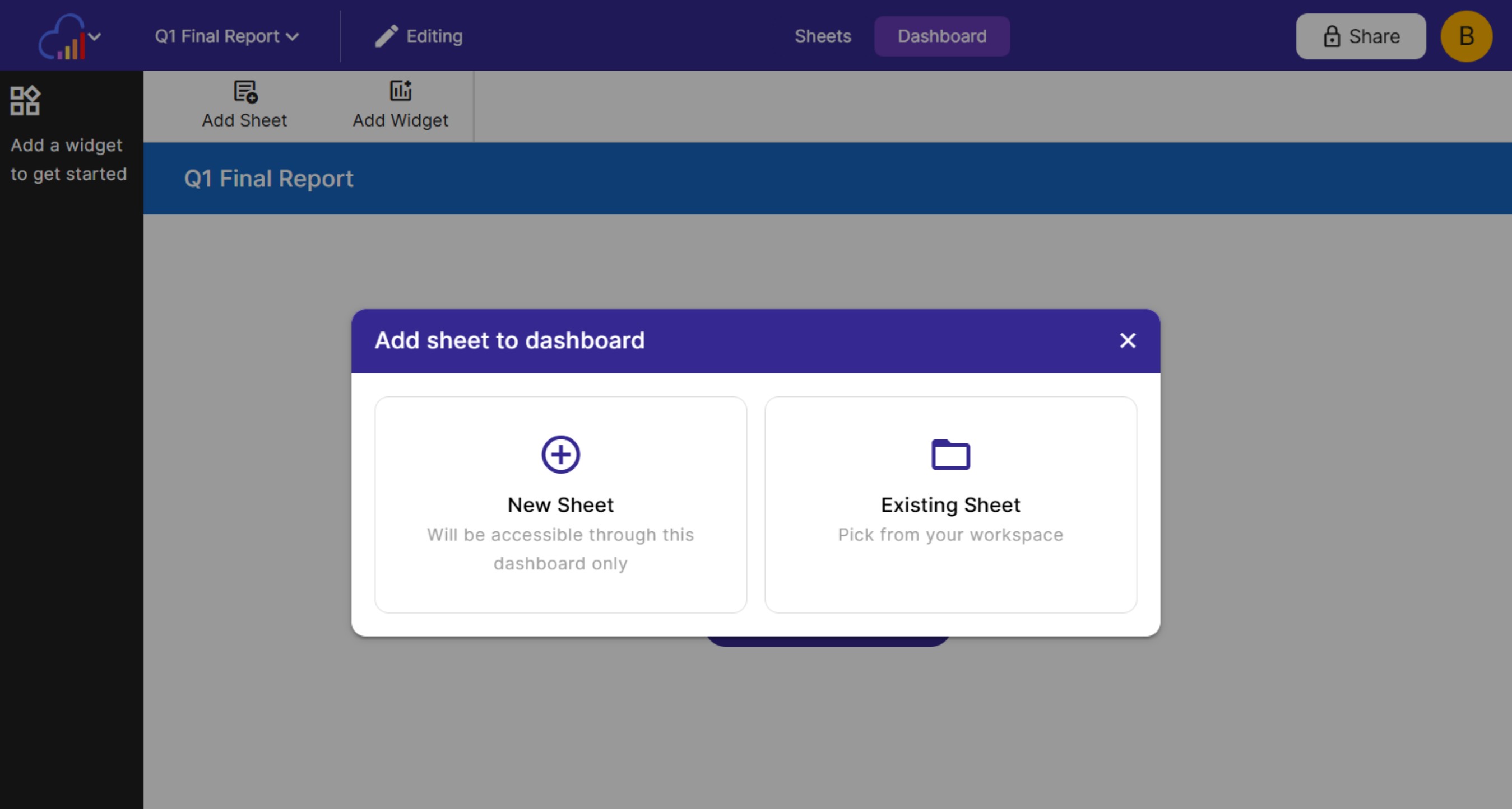Adding a sheet to a dashboard; upload a new sheet or pick an existing one from your workspace