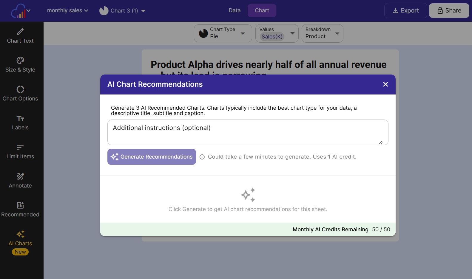 Click AI Charts in the left sidebar to open the recommendations dialog.