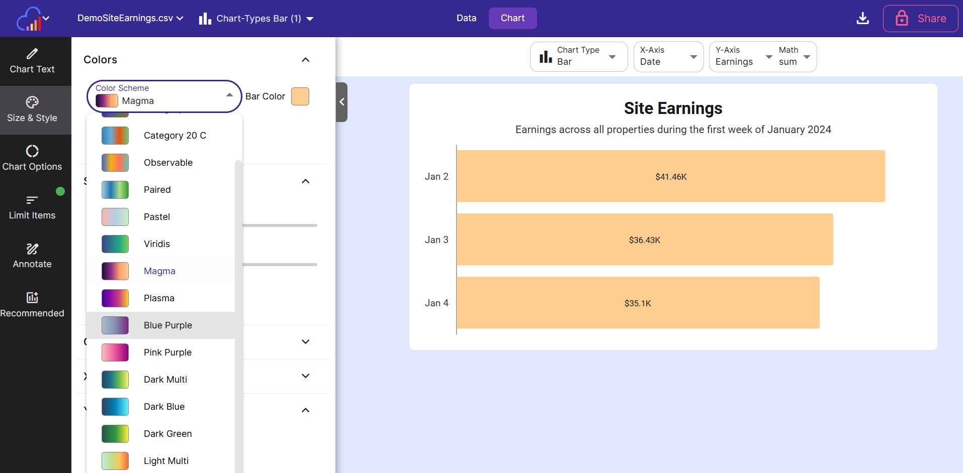 Selecting a color scheme for the chart from the color scheme dropdown