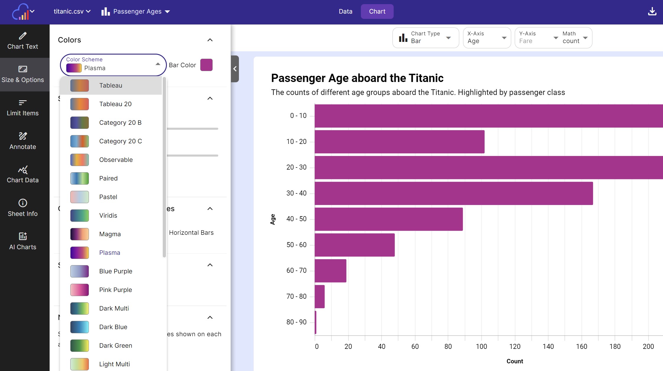 Selecting a color scheme for the chart from the color scheme dropdown