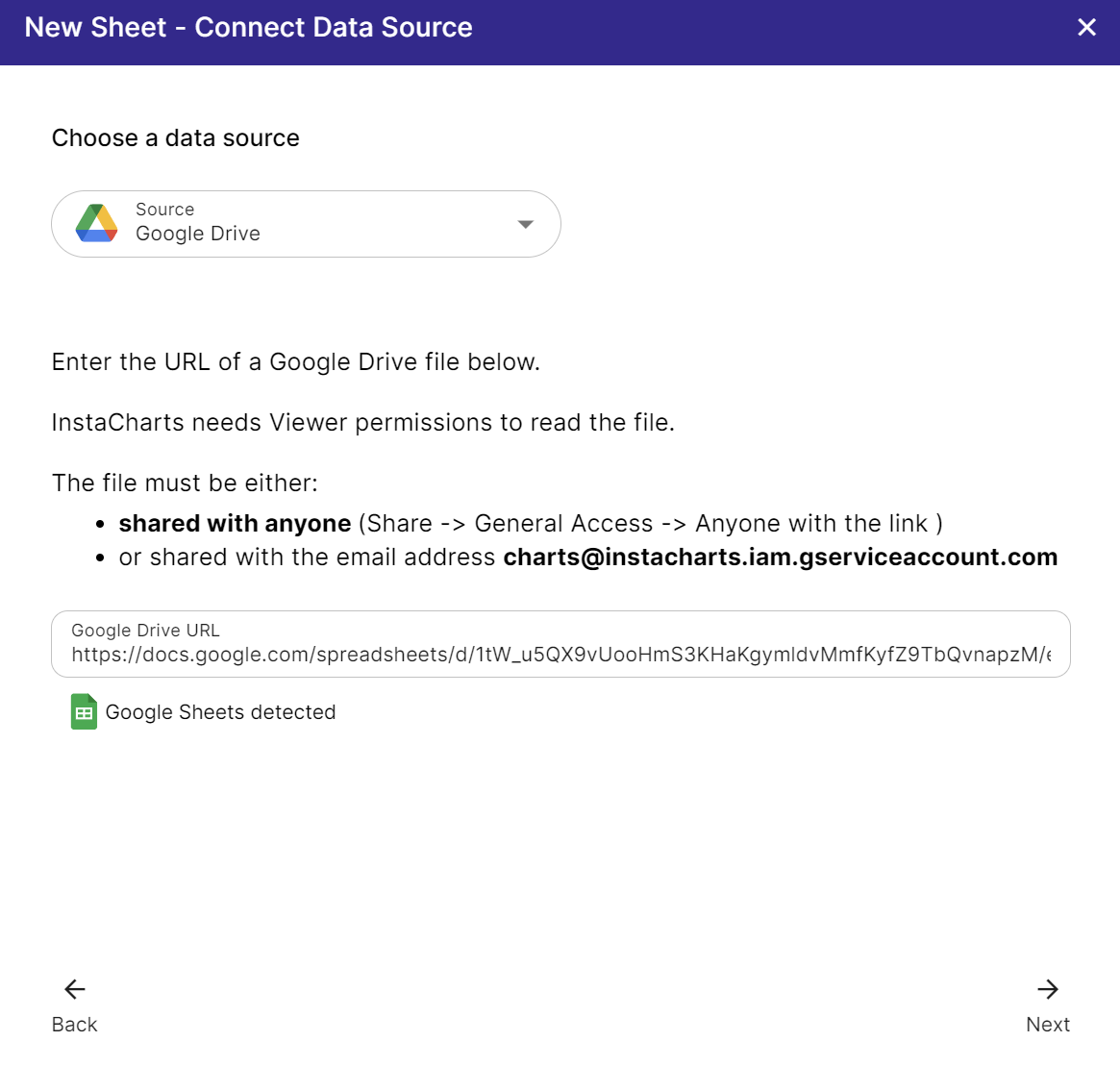 New Sheet Dialog - A Google Sheets url has been entered