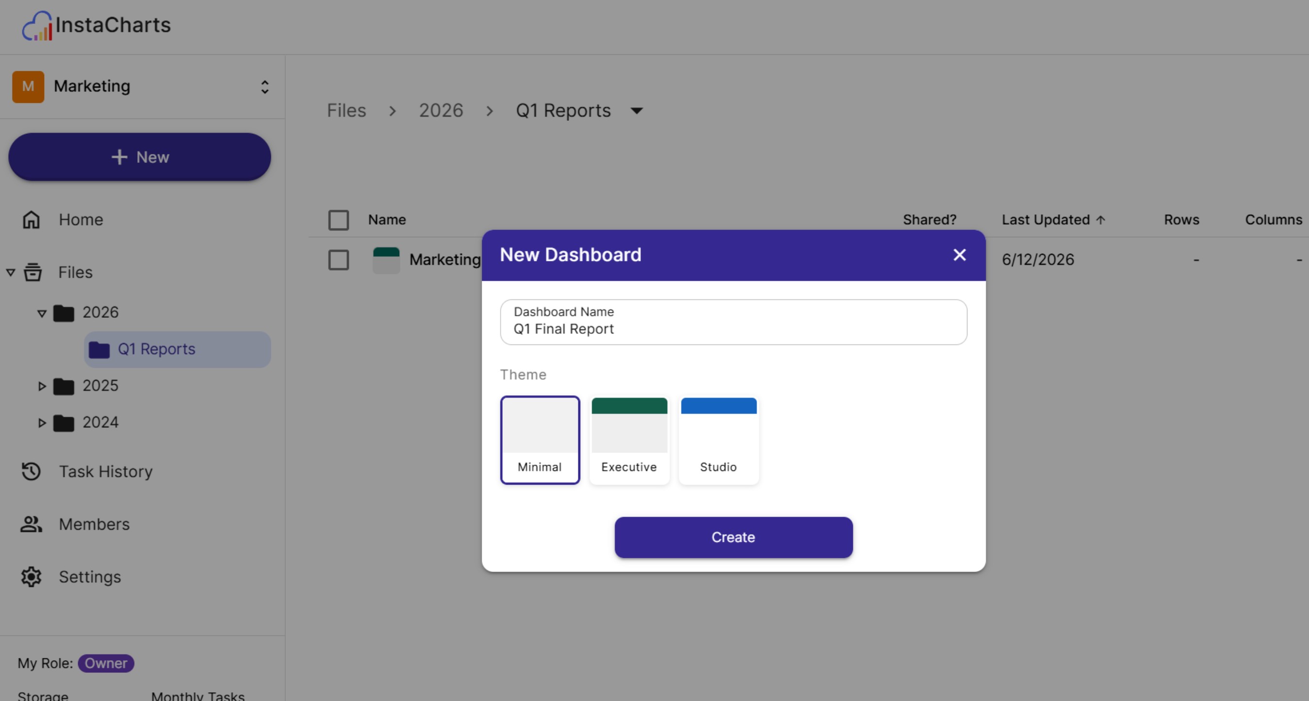 Creating a new dashboard; enter a name, pick a theme and click Create