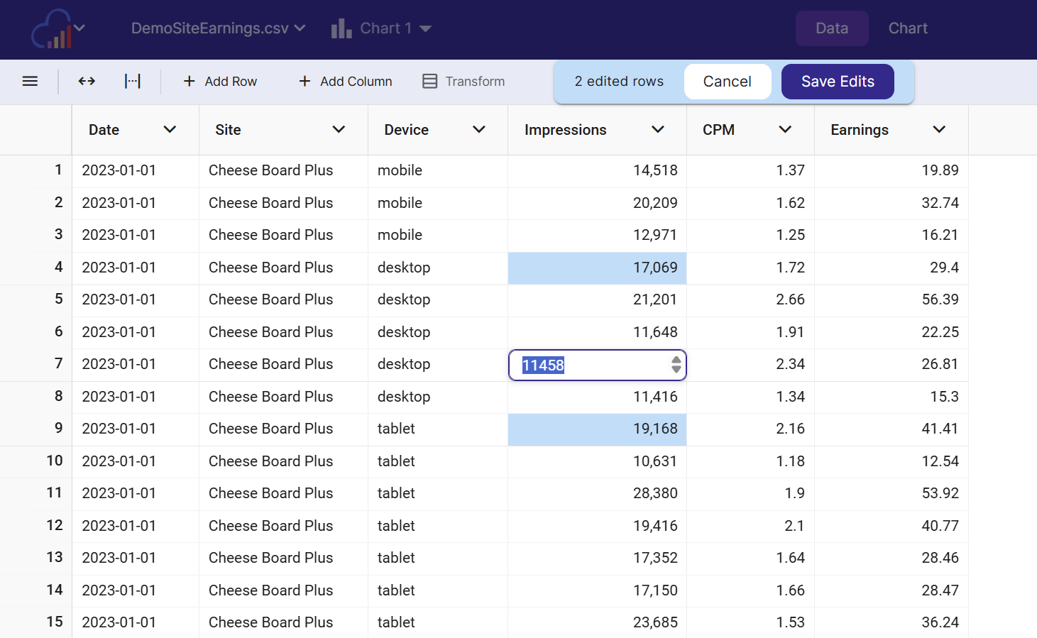The edited cells are highlighted in blue. Click Save Edits to save your changes.