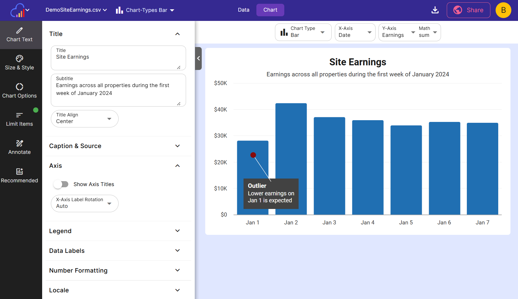 The Chart Text panel opens from the left sidebar. Use it to update the text in the chart
