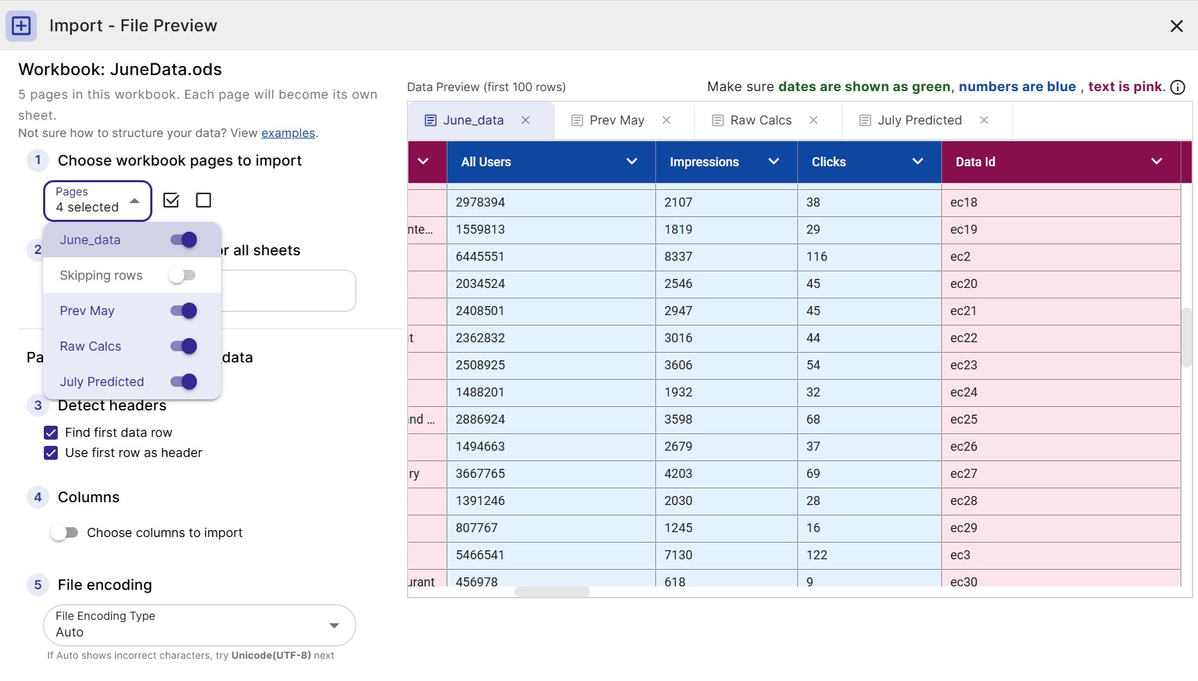 A multi-page workbook. The Pages dropdown selects which tabs to import and each selected page gets its own tab above the preview.