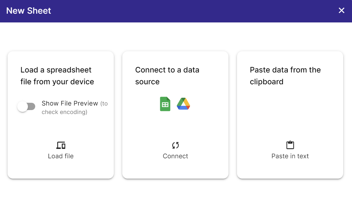 New Sheet Dialog - Connect to a data source can load a file from Google Sheets