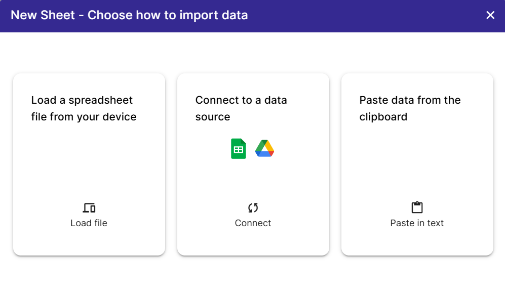 Choose from loading a file from your device, an outside data source, or pasting in text from the clipboard