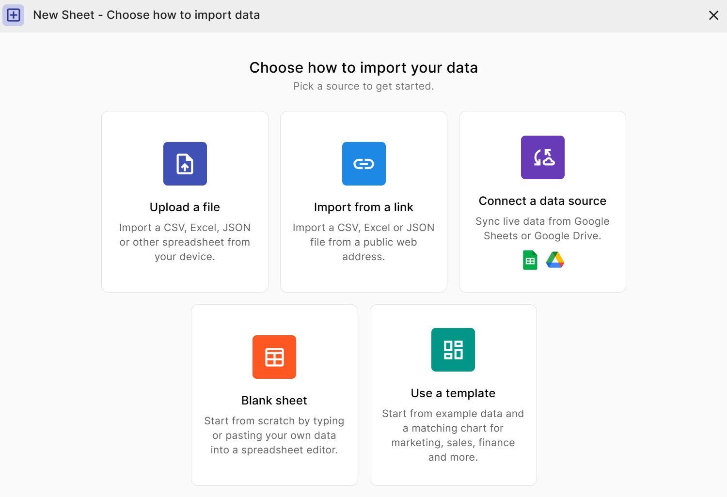 New Sheet dialog - The Import from a link card imports a CSV, Excel or JSON file from a public web address