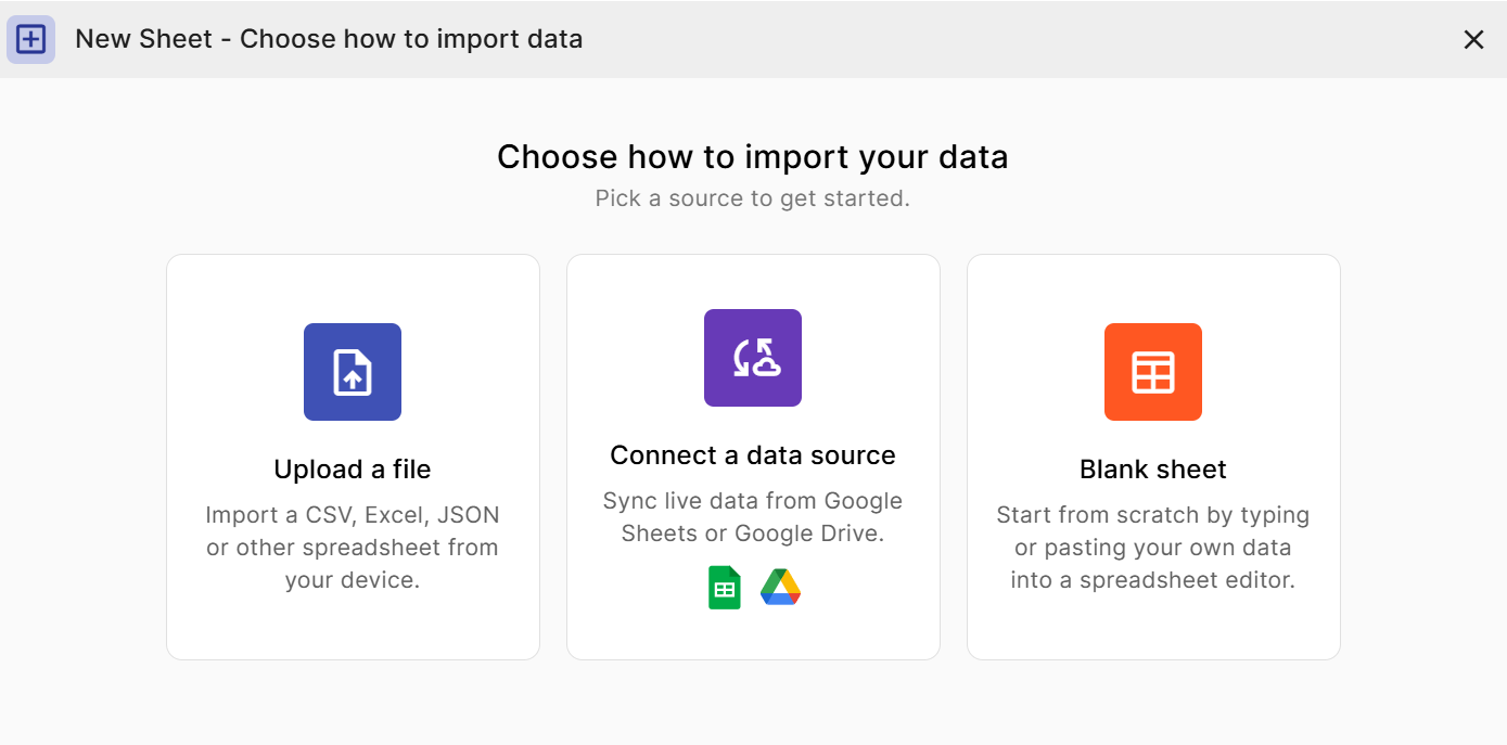 New Sheet Dialog - Connect to a data source can load a file from Google Sheets