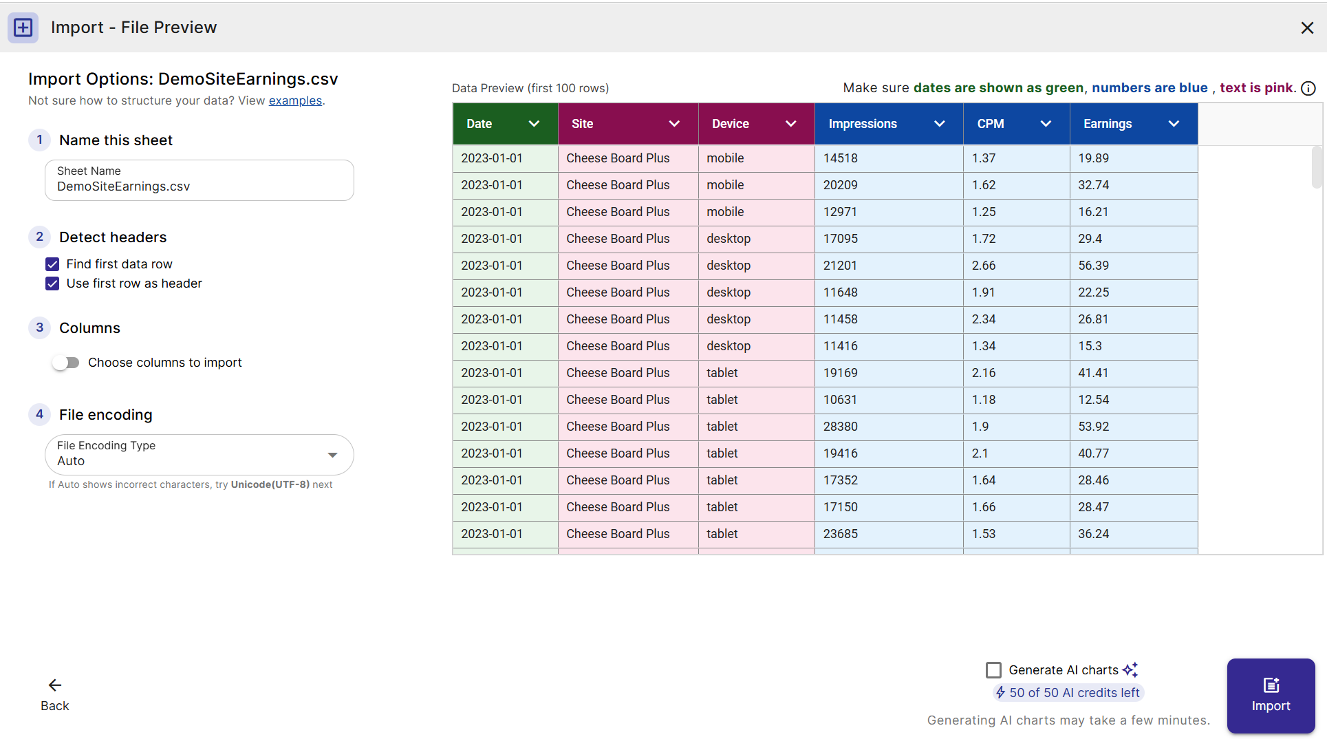 File Preview - Make sure characters are displaying correctly before importing your spreadsheet