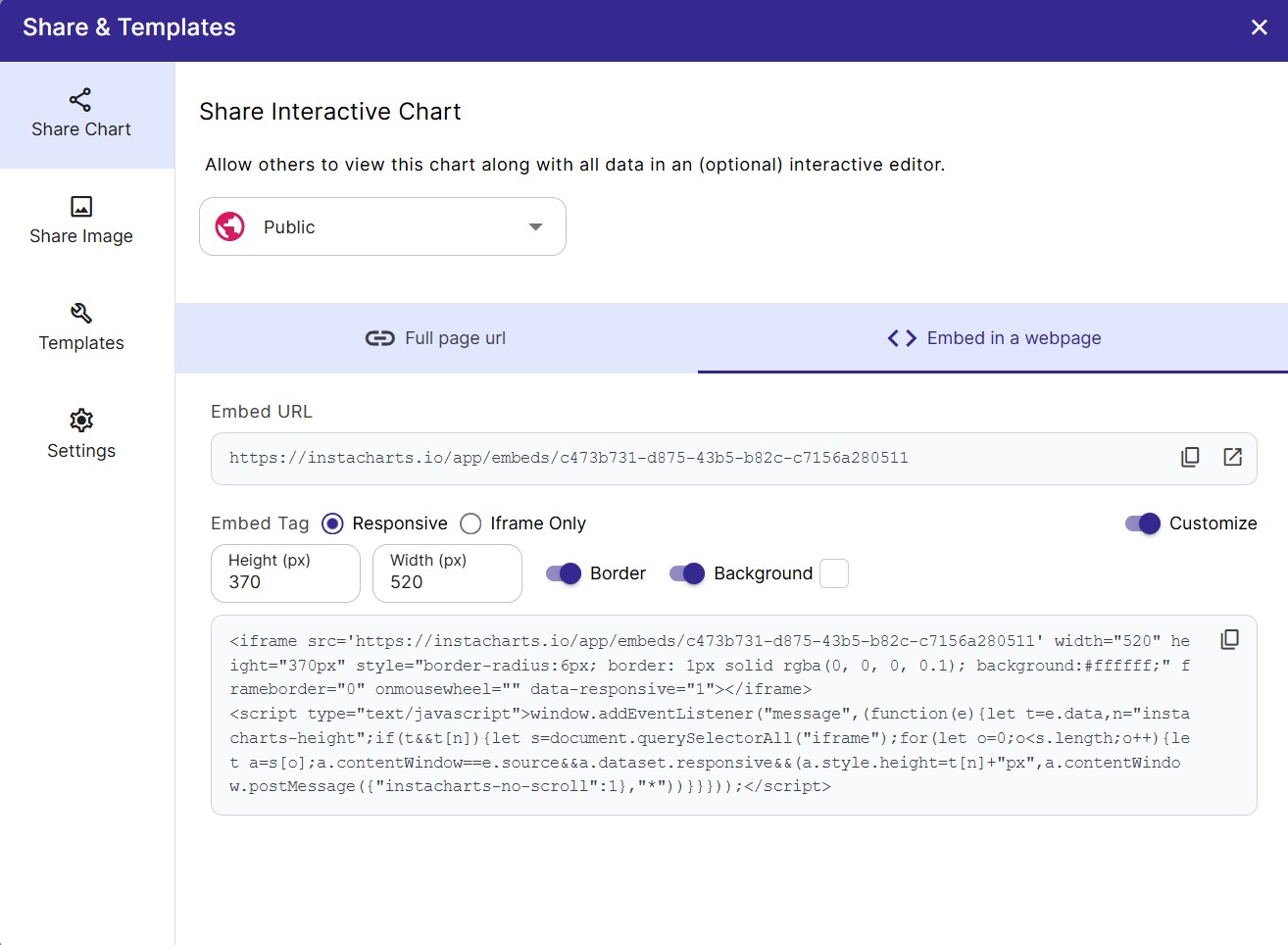 The Share & Templates dialog with the embed options visible under 'Embed in a webpage'