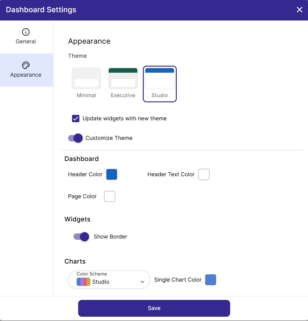 The Appearance tab in Dashboard Settings, with the Studio theme selected and Customize Theme enabled