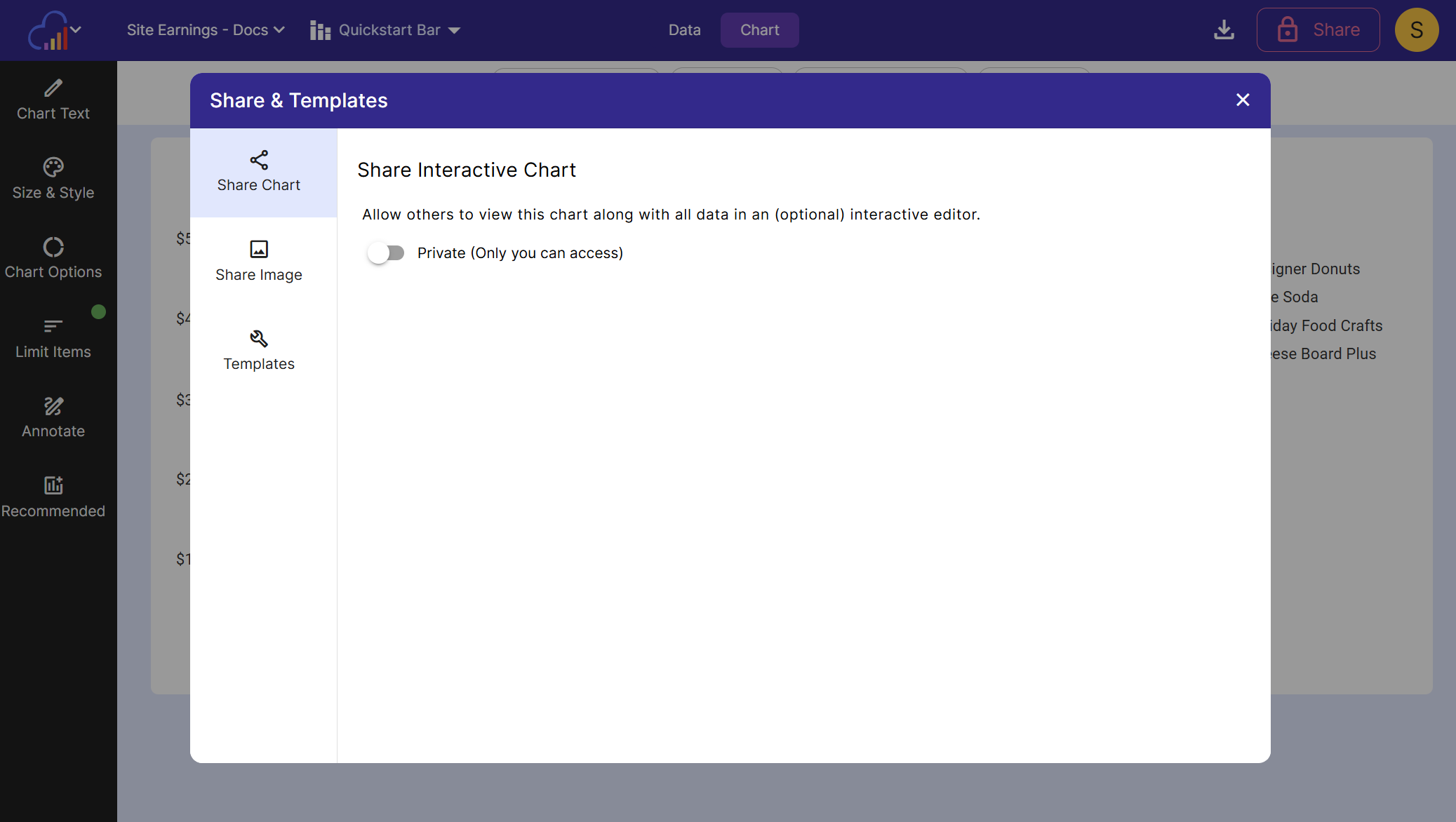 Share your charts and data tables using the Share & Templates Dialog