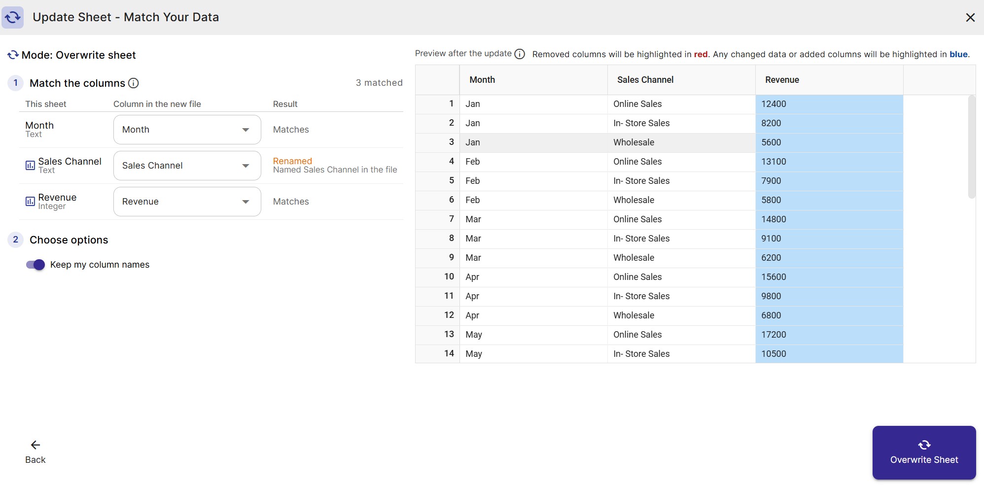The column match on the left, and a preview of the sheet after the update on the right.