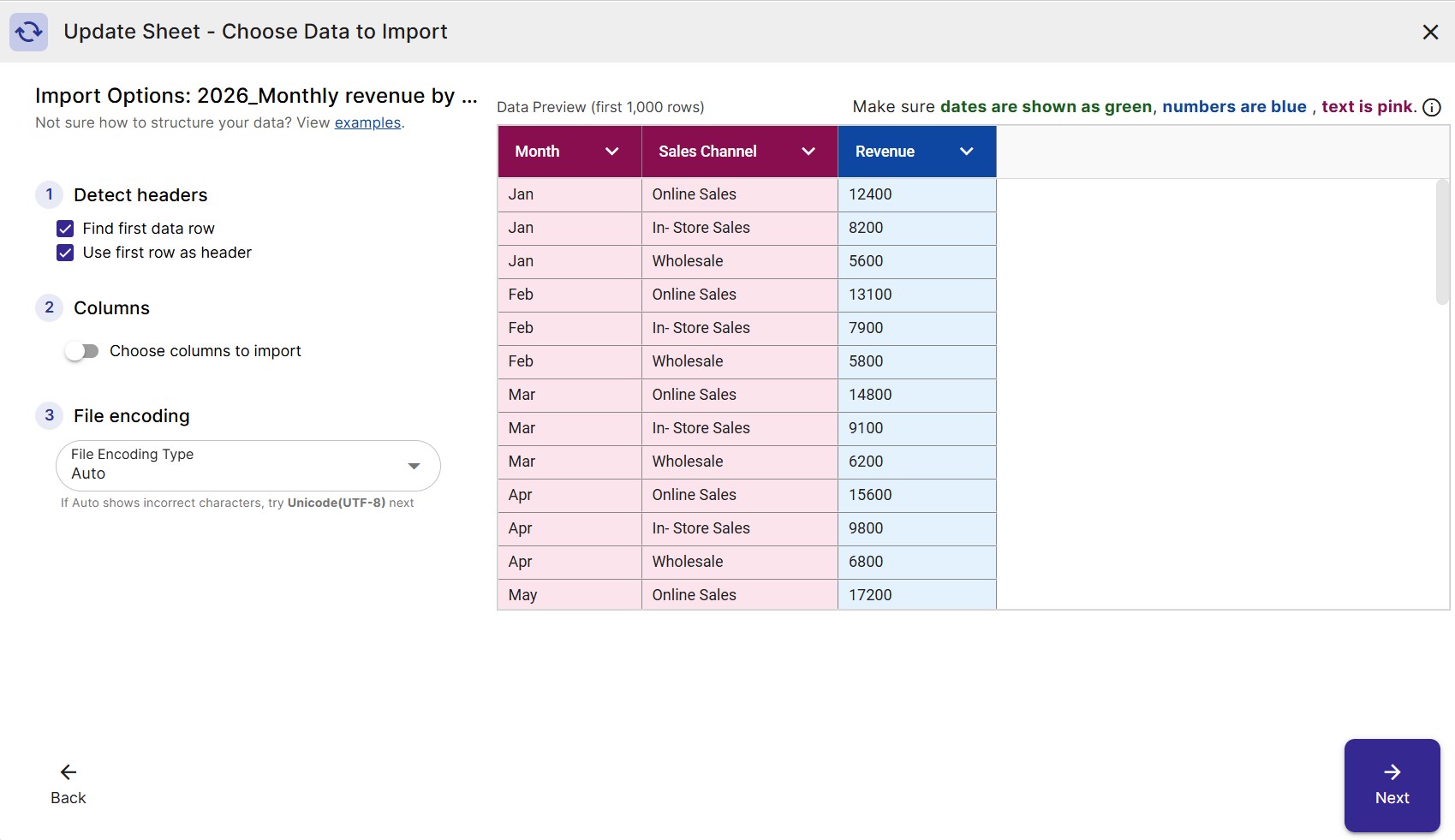 Choose the workbook page and the columns to bring in. The preview refreshes as you change an option.