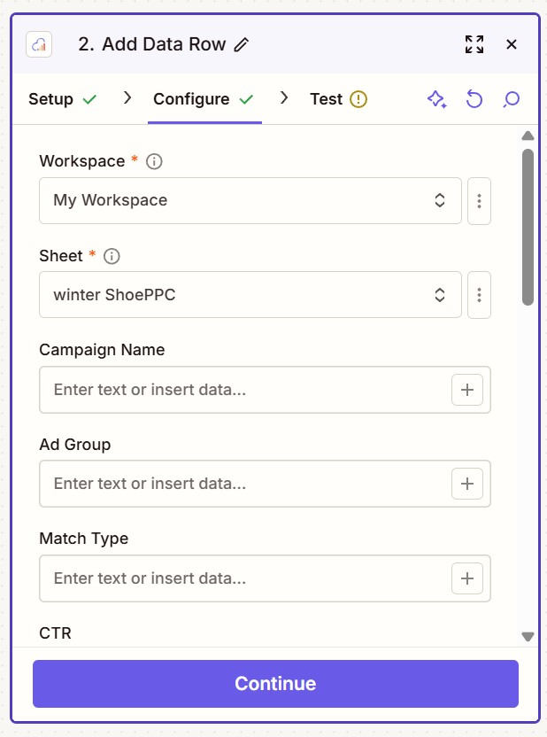 Choose the workspace and sheet you want to add a row to.