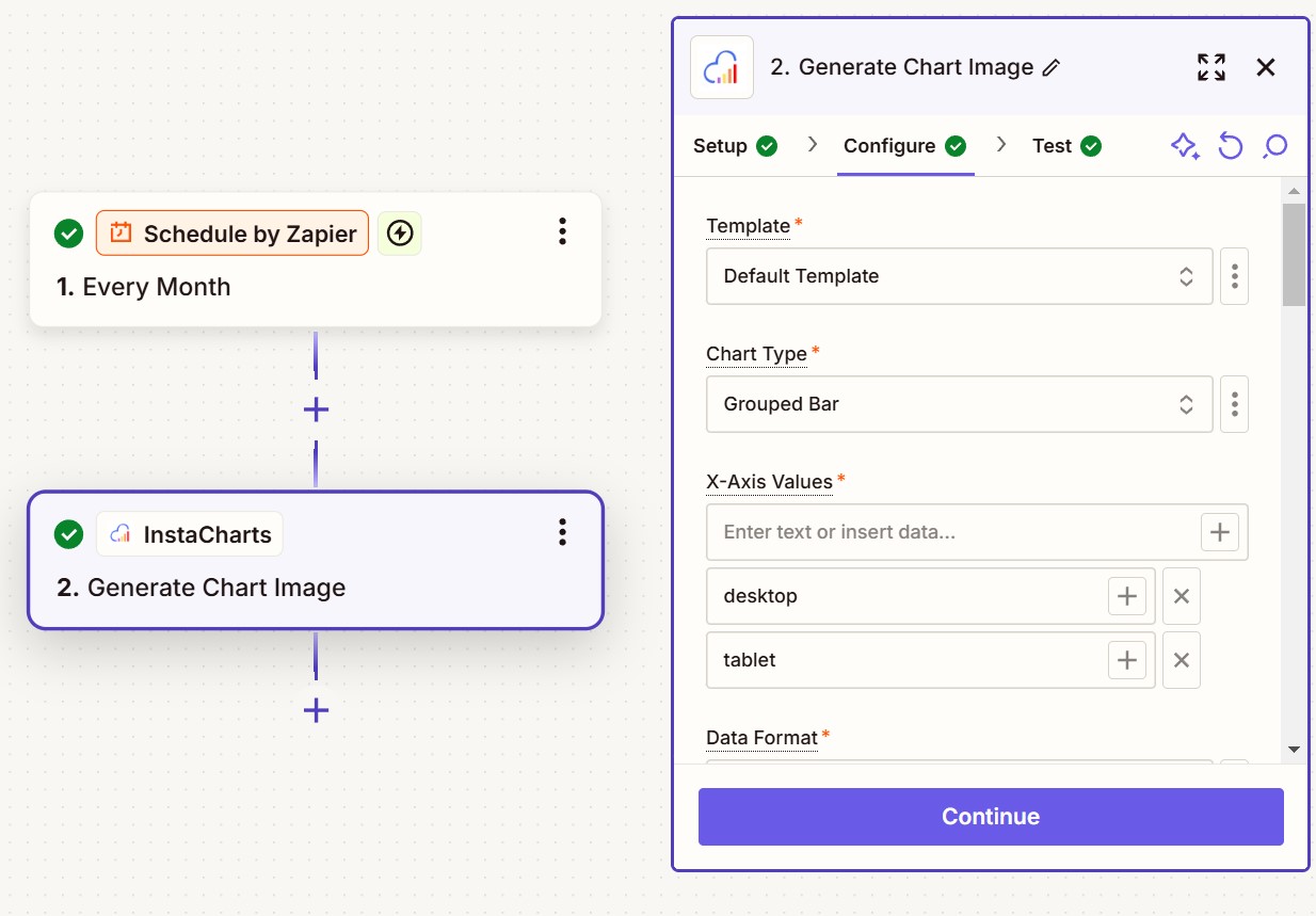 Generate charts on a schedule using InstaCharts' Zapier integration